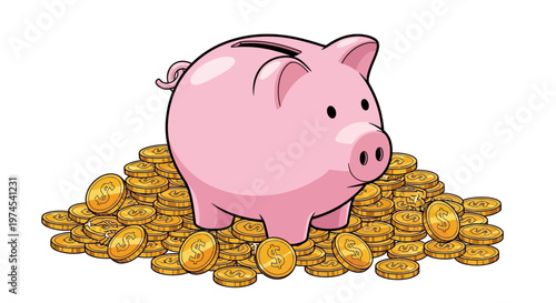 Pink Piggy Bank Sitting on a Large Pile of Gold Coins