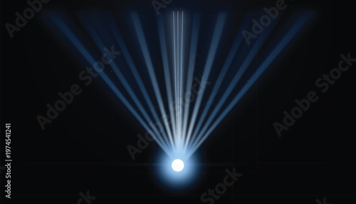 Single glowing blue light source with radiating rays on a black background