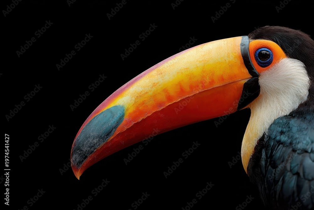 Fototapeta premium Colorful toucan with large beak tropical bird with black plumage and vibrant orange bill