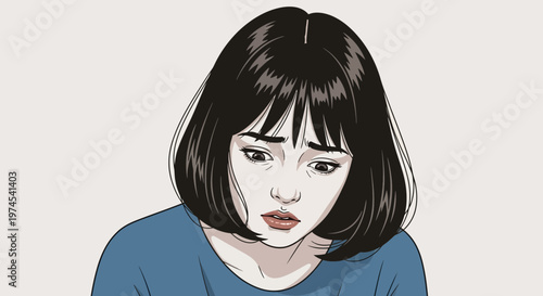 Sad Young Woman with Short Black Hair Looking Down, Expressing Sadness and Concern