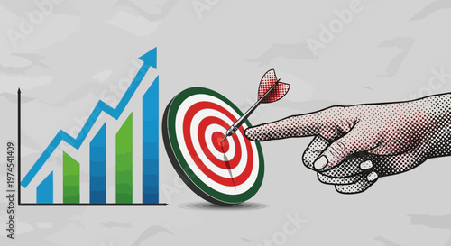 Business growth target achieved: Hand pointing at dart hitting bullseye next to upward trending graph