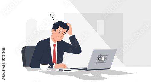 Confused businessman with hand on head looking at laptop, questioning work problem