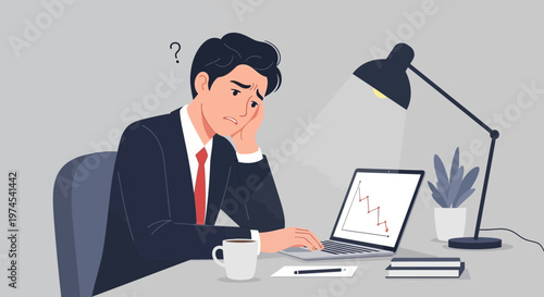 Stressed businessman looking at falling graph on laptop, overwhelmed by work and financial loss.
