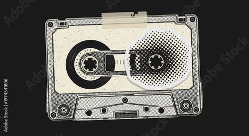 Retro Cassette Tape with Halftone Pattern Overlay - Vintage Audio Media