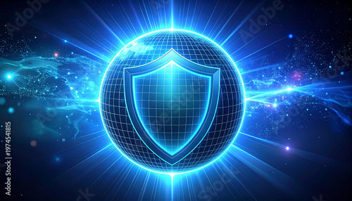 glowing shield for global internet secure sign on a blue background