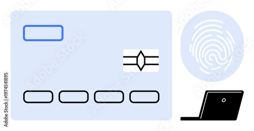 Online payments, identity authentication, cybersecurity, digital banking, secure transactions, biometric access. A credit card, fingerprint and laptop icons in a digital design. Online payments