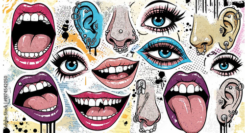 Vibrant Collage of Pierced Lips, Eyes, and Noses with Grunge Textures