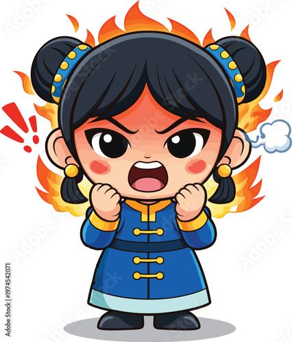 Fiery Outburst: A cartoon illustration captures a girl, radiating anger through the imagery of flames surrounding her, capturing an intense moment of frustration and rage.