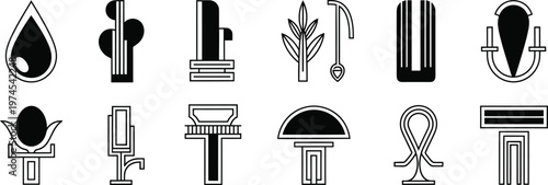 Black and white illustration of various ancient tools and weapons in a linear style