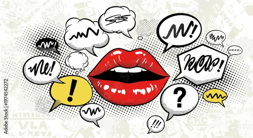 Open Red Lips Speaking Speech Bubbles, Comic Style, Communication Concept