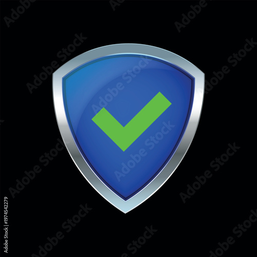 Cyber security shield with green check mark on blue gradient background with copy space