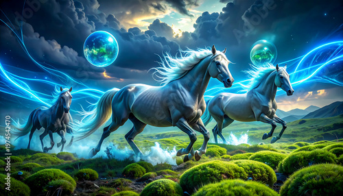 Majestic horses galloping through a surreal mystical landscape