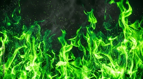 Vibrant green fire flames rise high in a dark atmosphere for a dramatic wallpaper background.
