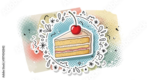 Delicious Slice of Cake with Cherry Topping, Whimsical Doodle Border, Retro Halftone Background