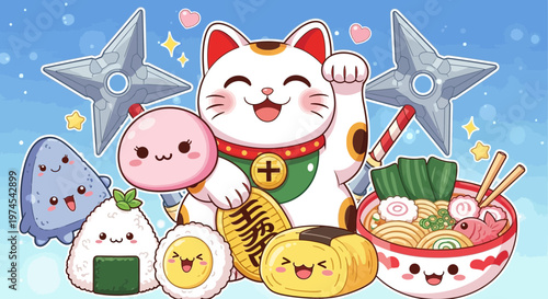Cute Kawaii Japanese Food and Lucky Cat Characters with Stars and Ninja Stars