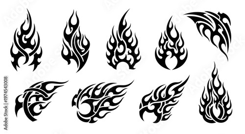 Tribal Flame Tattoo Designs Collection - Black and White Vector Art