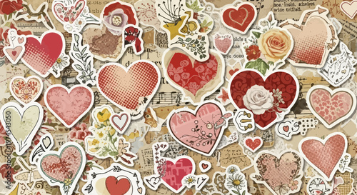 Vintage Valentine Hearts Collage Background with Floral Elements and Sheet Music
