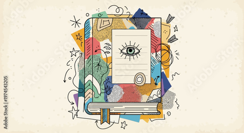 Abstract Book with Eye Symbol, Collage Style, Creative Concept