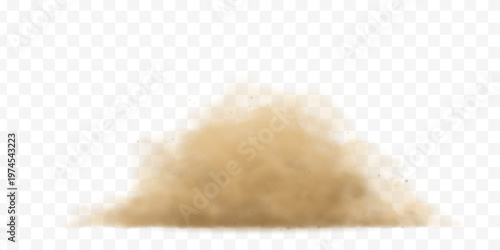 Dust cloud with sandy particles on transparent background. Realistic brown sand effect for desert storm scenes and dirt splash overlays.