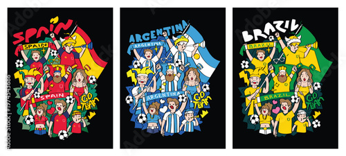 Multi-national football fan cheering set designed for web banners, posters, and print-on-demand products. High-energy characters suitable for global sporting events and competition branding.