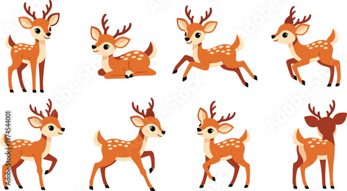 Cute deer cartoon illustration set, baby fawn characters in different poses including standing running and sitting, forest wildlife design, animal collection