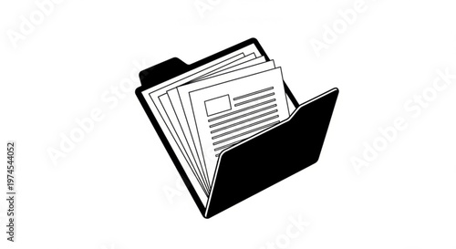 A black and white vector graphic illustration of a file folder with papers.