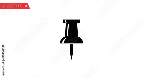 A minimalist vector graphic of a black push pin on a white background