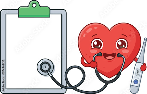 Cute heart medical checkup illustration, cartoon healthcare concept with stethoscope thermometer and clipboard, healthy lifestyle design, hospital theme