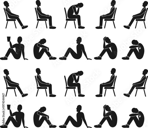 Collection of various sitting poses of a person in black silhouette style