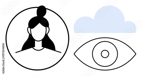 Identity verification, cloud storage, data security, visual recognition, online connectivity, user interface . Woman in profile, cloud and eye symbols. Identity verification and cloud storage