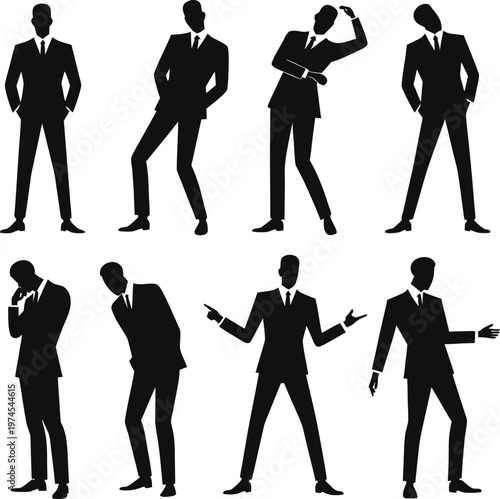 Set of eight black silhouette illustrations of businessmen in various poses and gestures