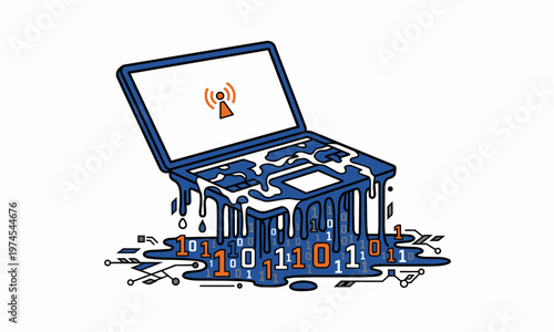Flat Vector Illustration of a Laptop Melting into a Puddle of Binary Code Representing Data Leaks, System Failure, and Digital Information Overload