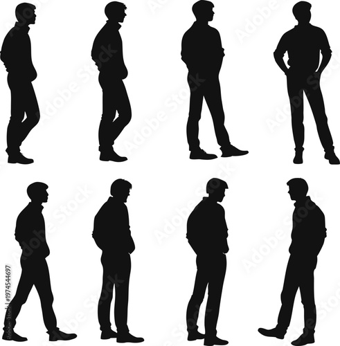 Set of eight different black silhouettes of men in various casual poses