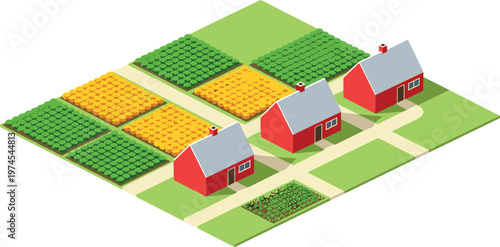 Farm landscape isometric illustration, agricultural fields with crops and red barns in rural area, countryside farming concept, village land collection