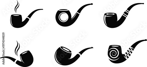 Collection of Classic Smoking Pipe Silhouette Icons Featuring Vintage Tobacco Wooden Pipe Designs with Smoke Swirls for Gentleman Club Branding and Retro Logo Projects