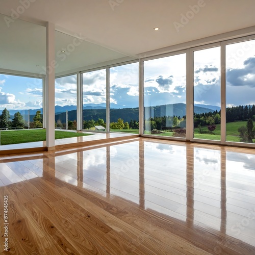 A spacious, sunlit room with gleaming wood floors and expansive glass walls showcasing a beautiful mountain and landscape view. The room is empty