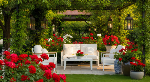 Canada day garden celebration vibrant red flowers and relaxing outdoor seating