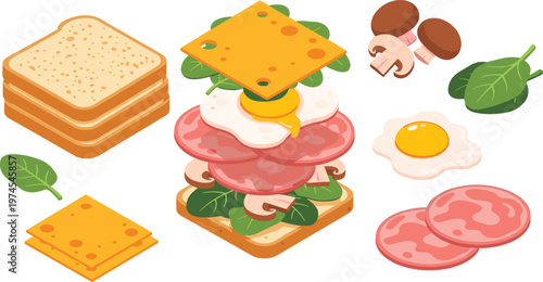 Sandwich ingredients illustration set, bread cheese egg salami mushrooms and spinach, food preparation concept, breakfast meal design