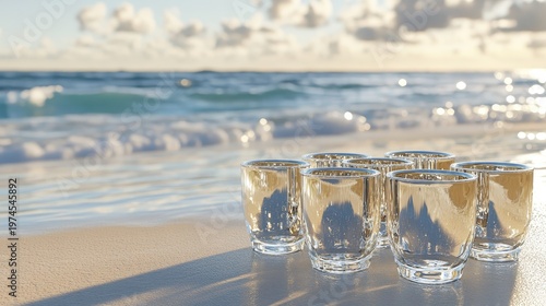 Clear glasses of water on a sandy beach with the ocean and sky in the background, symbolizing refreshment and vacation