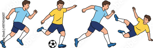 Soccer players illustration set, football athletes running kicking and tackling in different poses, sports activity concept, team game collection