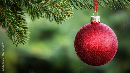 Close-up of a shimmering red Christmas ornament hanging from a festive tree branch with soft lighting and a blurred background.