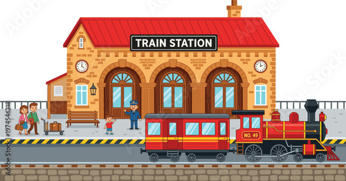 Train station cartoon illustration, railway platform with locomotive passengers and building, travel transport concept, city scene design