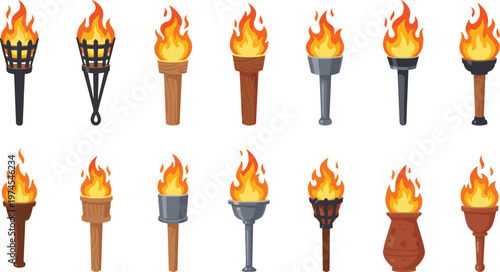 Torch fire flame illustration set, burning torches with different designs and styles isolated, light source concept, medieval fantasy collection