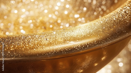 Close-up view of luxurious gold glitter and reflective surfaces creating a shimmering abstract background, perfect for highlighting wealth and celebration.