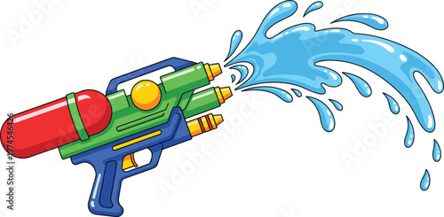 Water gun cartoon illustration, colorful toy blaster spraying splash stream, summer fun activity concept, kids play design
