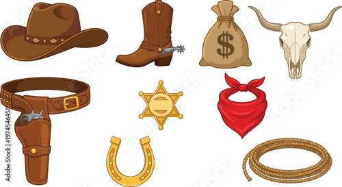 Western cowboy elements illustration set, hat boots sheriff star rope and revolver holster, wild west theme, vintage design