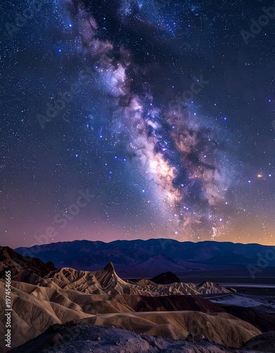A vibrant nightscape reveals the Milky Way arching across a starlit sky above a layered desert landscape