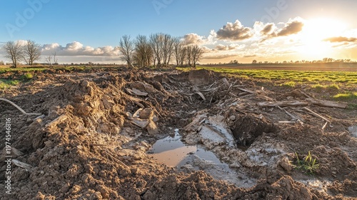 Desolate farmland landscape with deep soil erosion and puddles under a cloudy sky