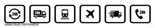 Signs showing 24-hour services including delivery, train, air travel, and customer support. Vector illustration