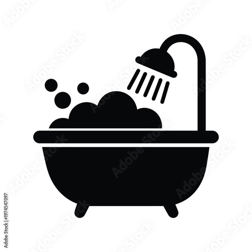 Vector of a bathtub with bubbles overflowing under a showerhead.